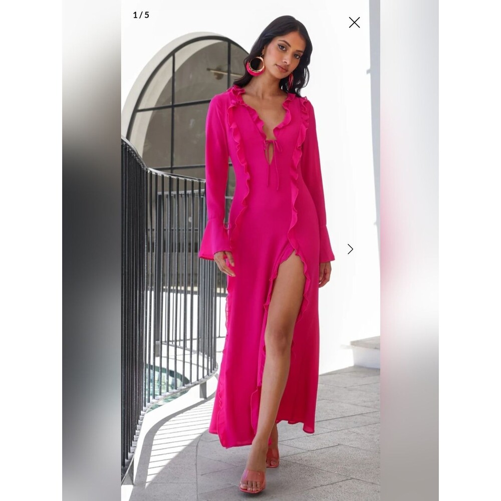 NEW Runaway The Label Oxana Dress Long Sleeve Hot Pink Ruffle Coquette Small